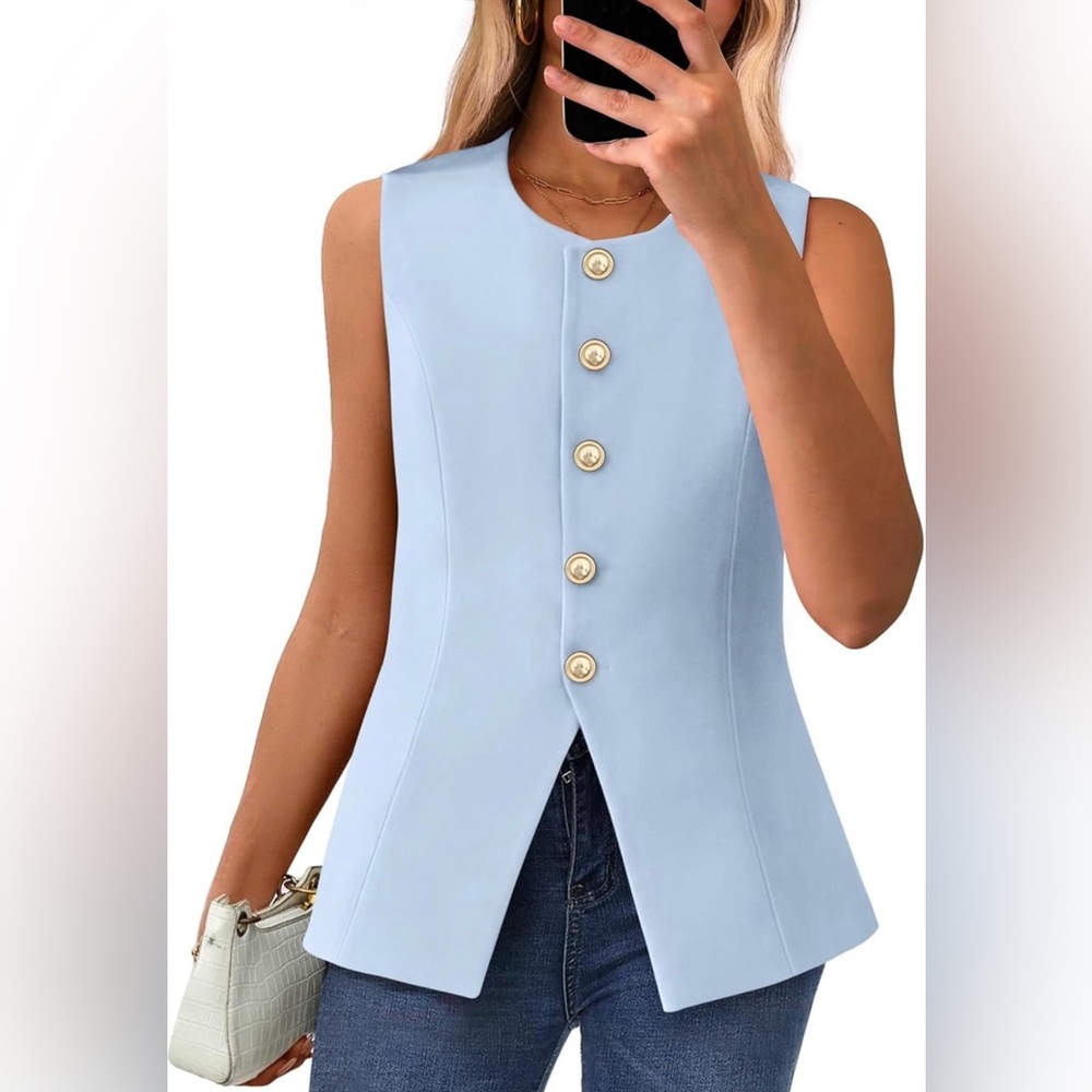 Sleeveless Light Blue Button-Front Peplum Top